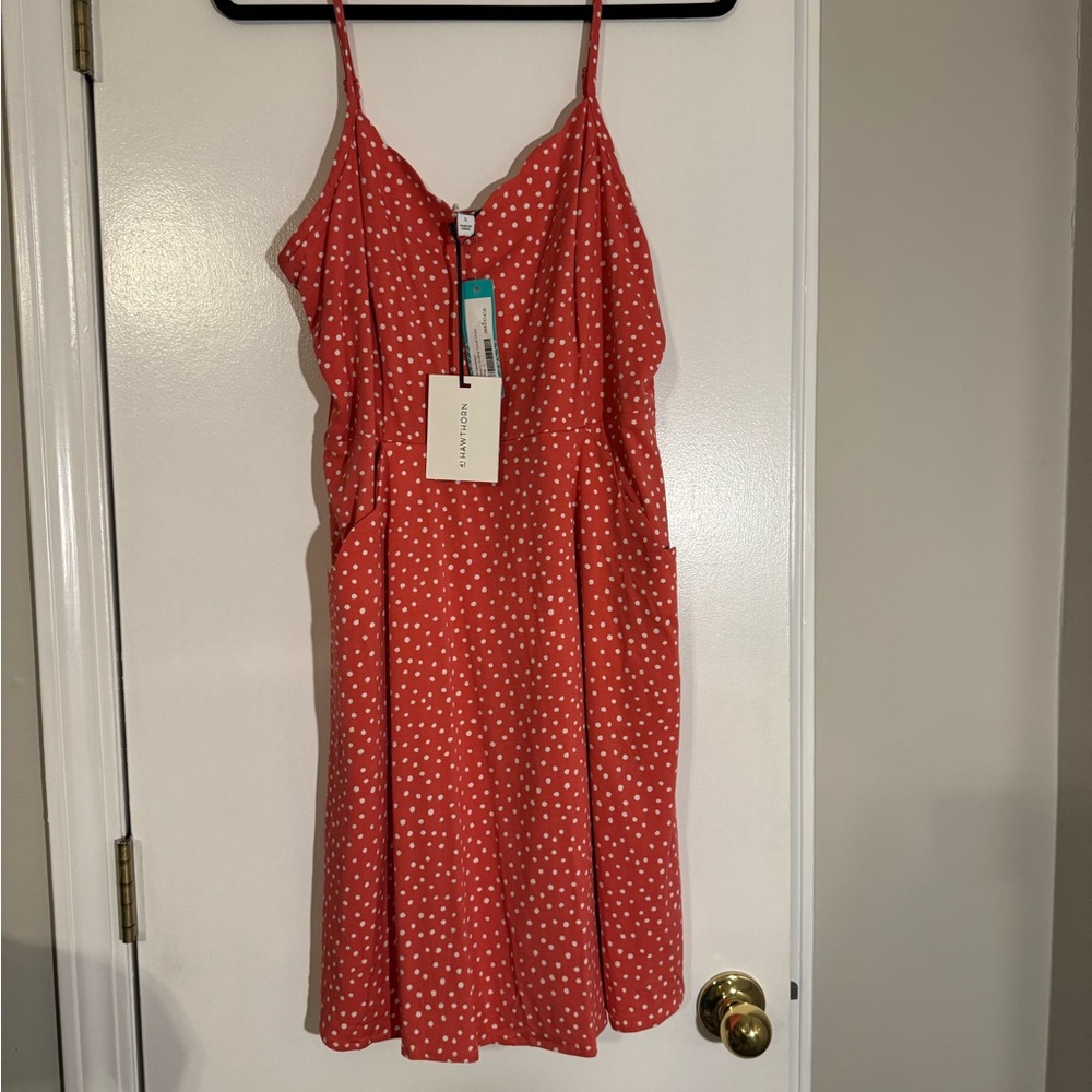41 Hawthorn Red mini Dress with White Polka Dots scalloped neckline and pockets